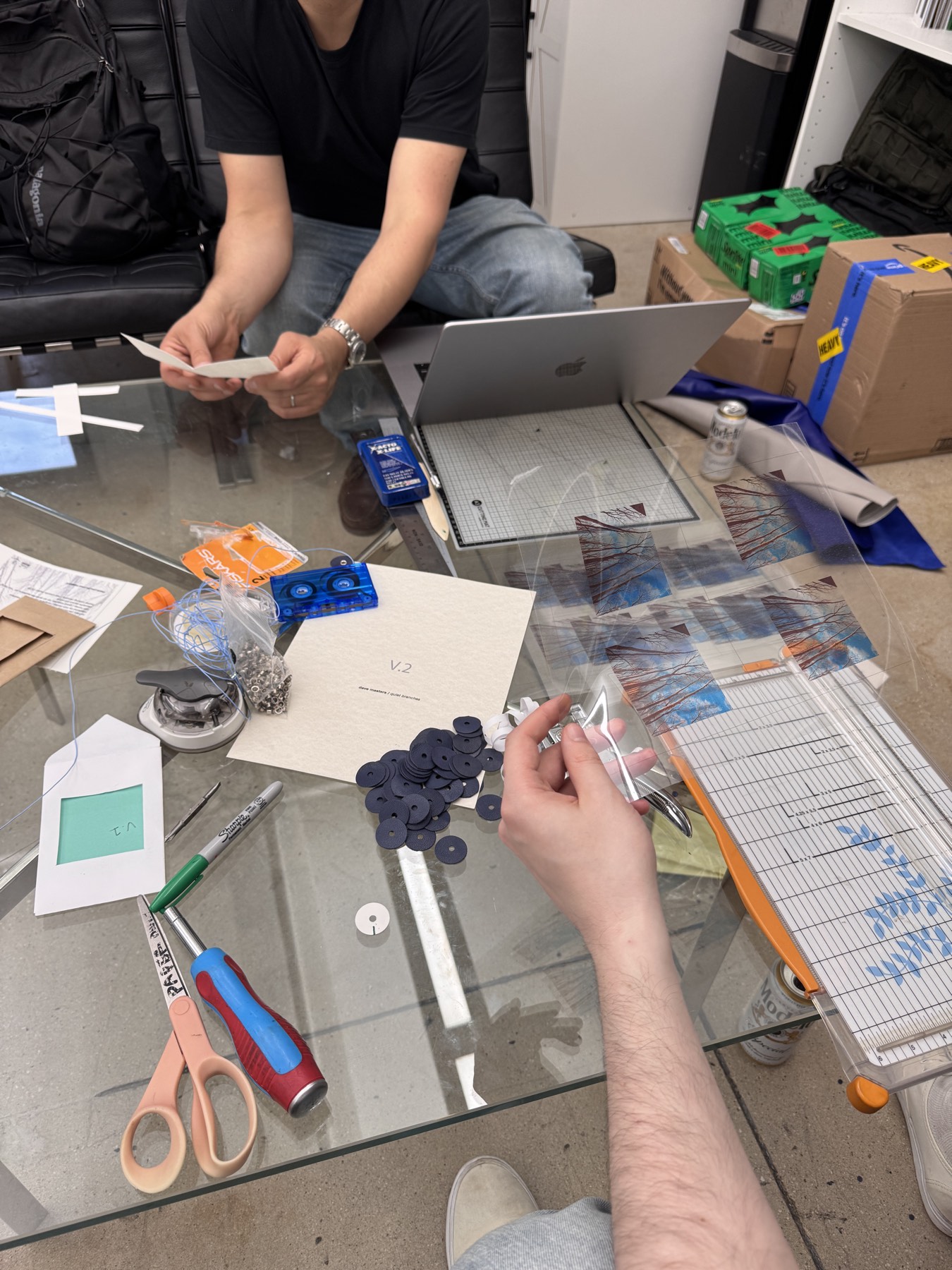 hand-cut leather wheels and assembly materials on the table